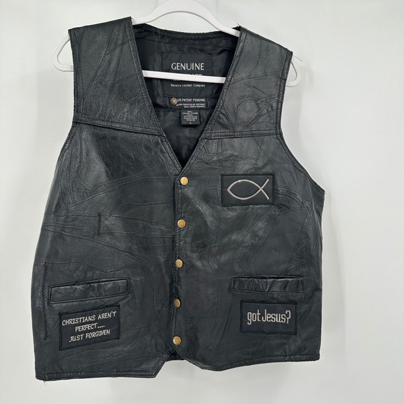 Navarre Leather Company Other - Navarre Leather Mens Leather Vest Sz L Christian Biker Patchwork Genuine Leather
